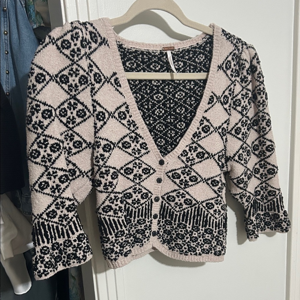 Free People Black and Cream Patterned Cardigan